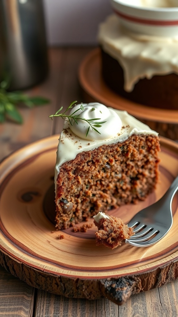 A slice of carnivore cake made with ground beef and cream cheese, garnished with frosting on a wooden plate.